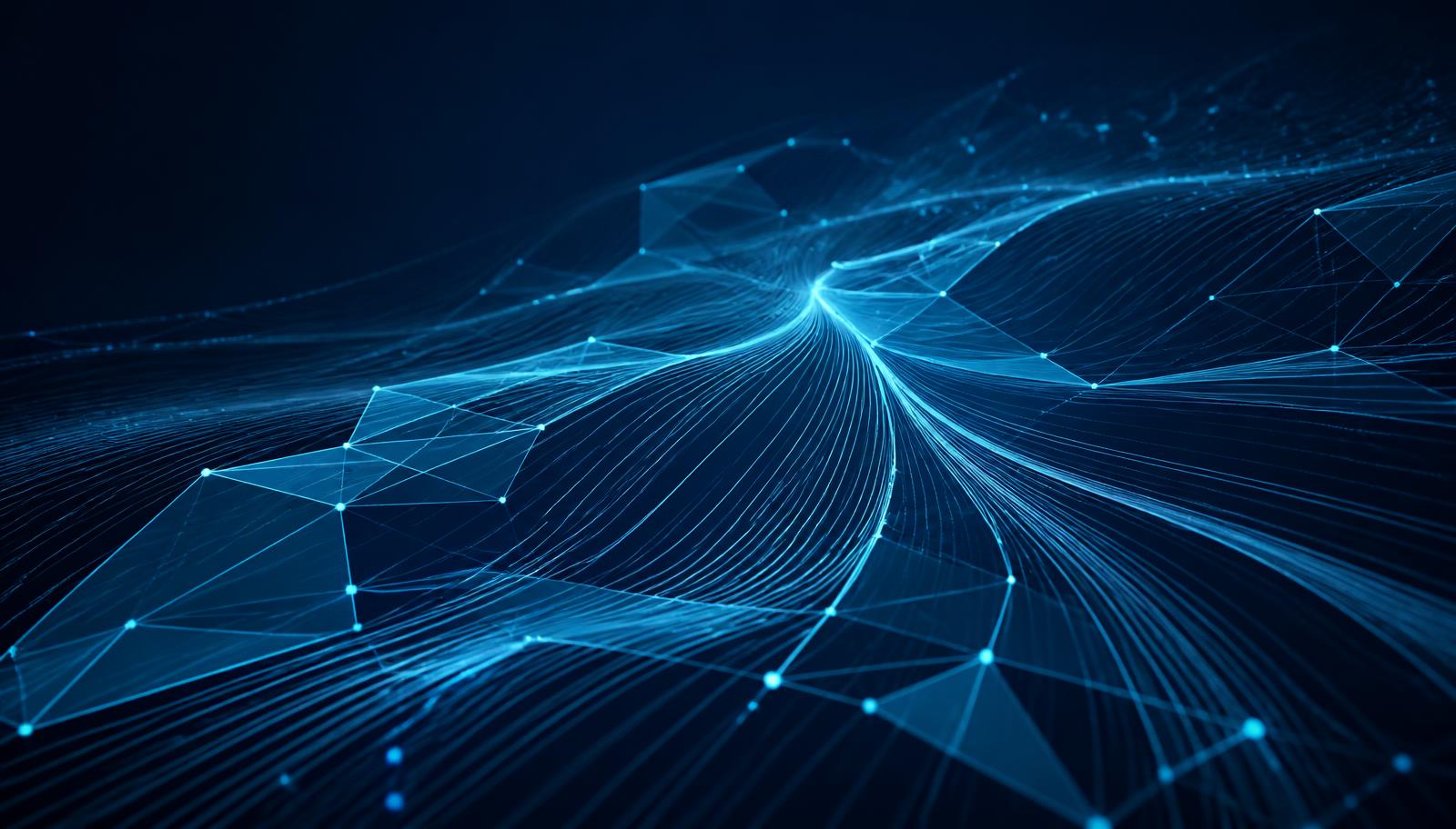 Abstract visualisation of a connected data network in navy and cyan tones