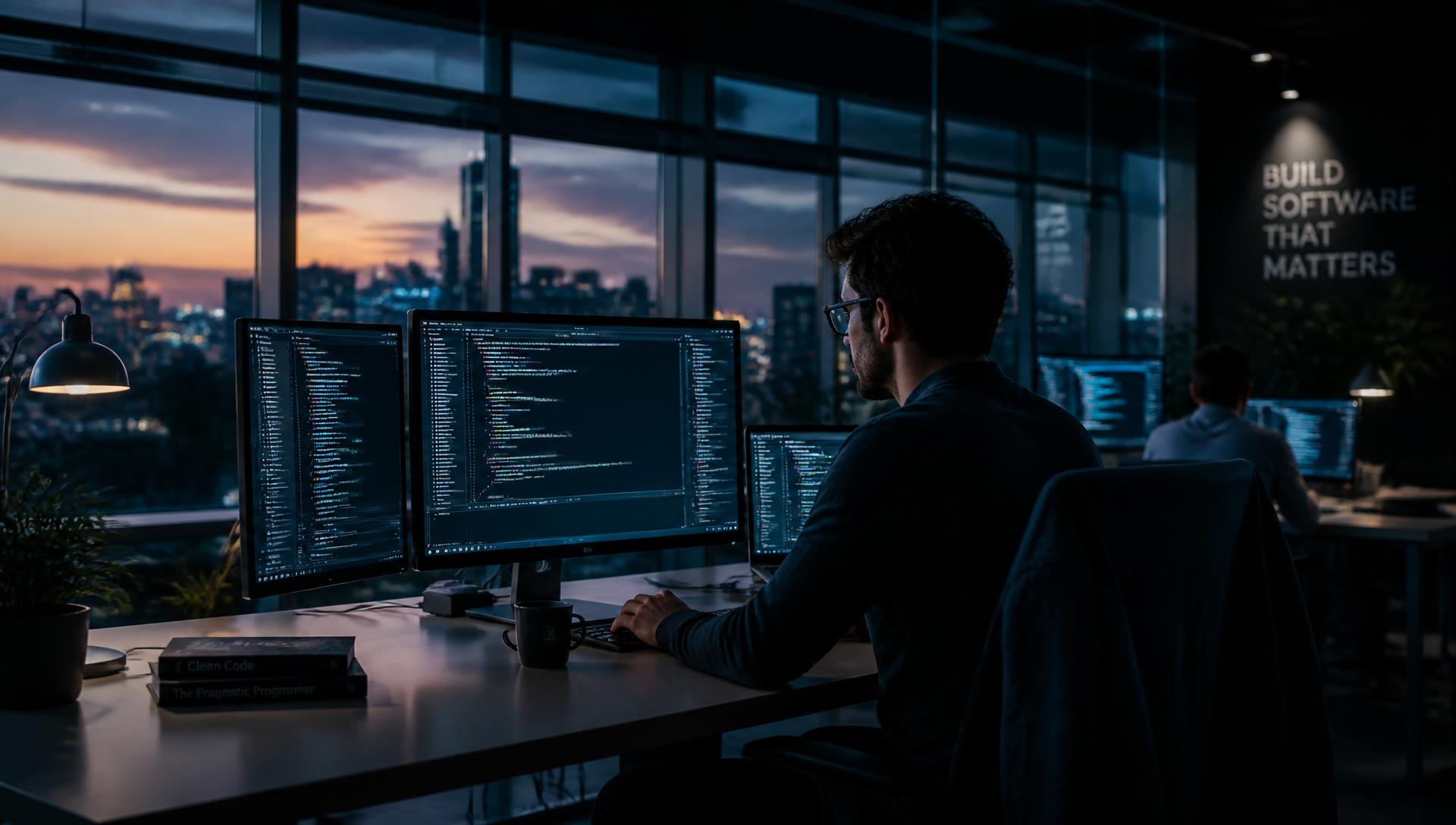 Software engineer reviewing application code on dual monitors in a modern office at dusk