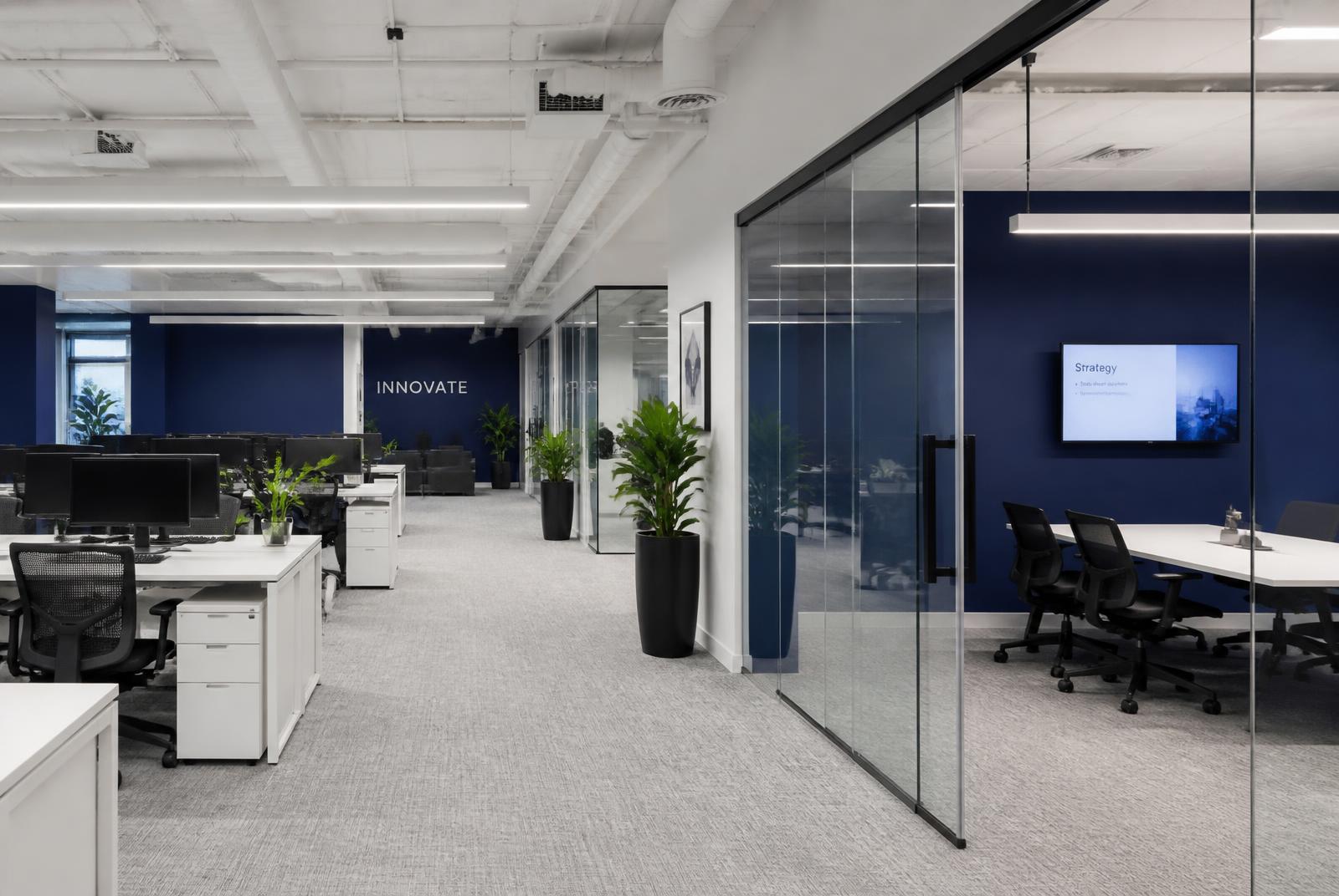 Modern open-plan technology office with navy accent walls and glass meeting rooms